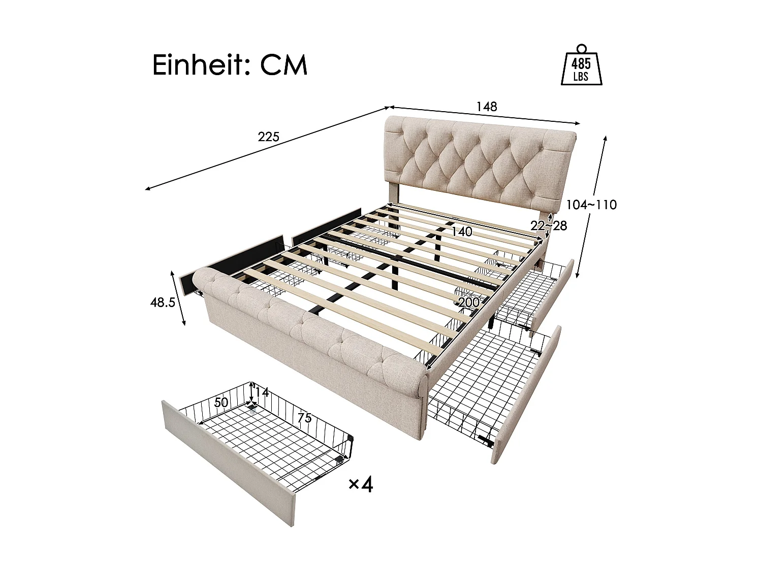 Lit adulte 140x200 cm - Lit double avec tête de lit réglable et 4 tiroirs de rangement - lin - naturel - sans matelas