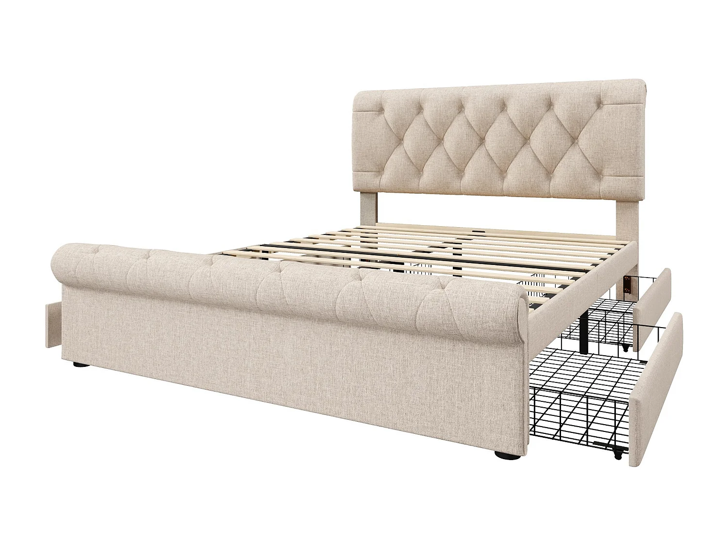 Lit adulte 140x200 cm - Lit double avec tête de lit réglable et 4 tiroirs de rangement - lin - naturel - sans matelas