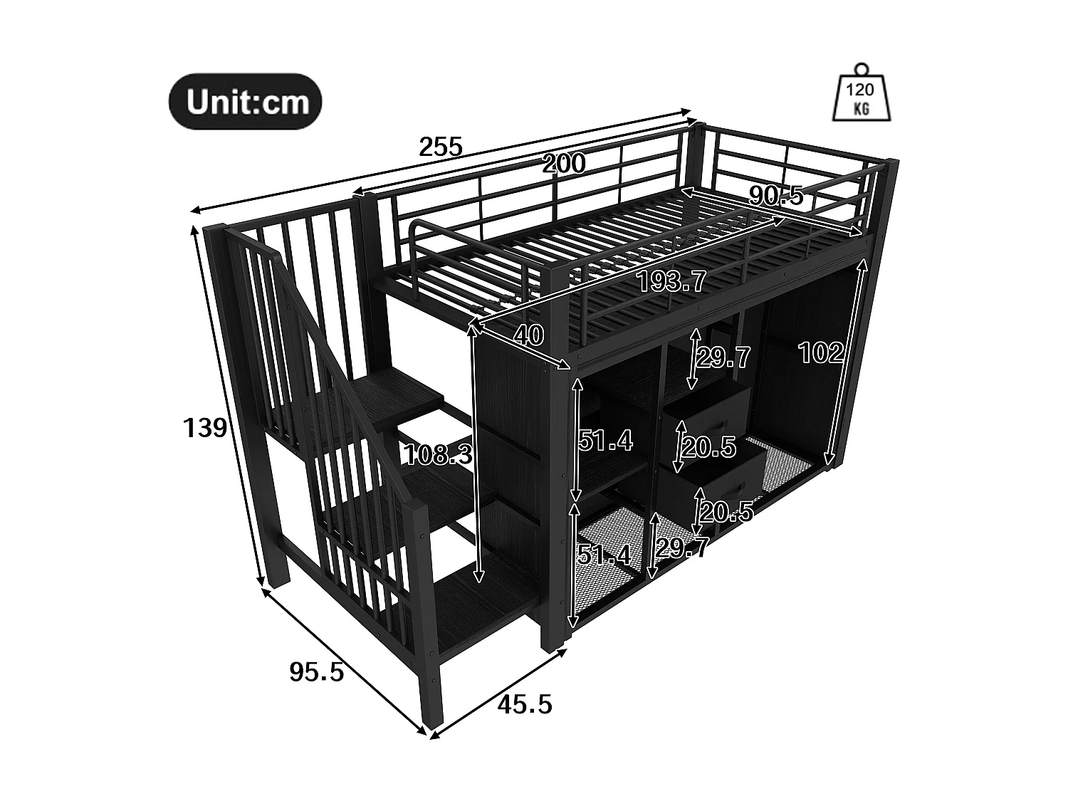 Hochbett 90x200 cm – Kinderbett mit 2 Schubladen und offenem Stauraum – schwarzes Metall – Matratze nicht enthalten