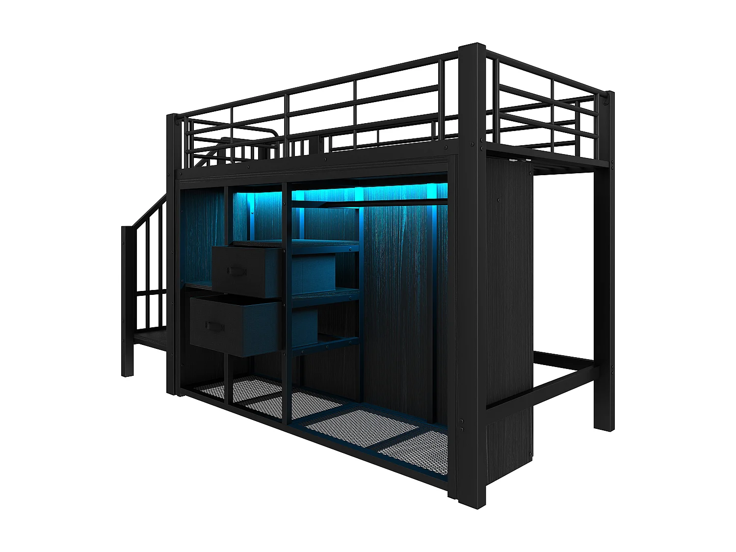 Hochbett 90x200 cm – Kinderbett mit 2 Schubladen und offenem Stauraum – schwarzes Metall – Matratze nicht enthalten