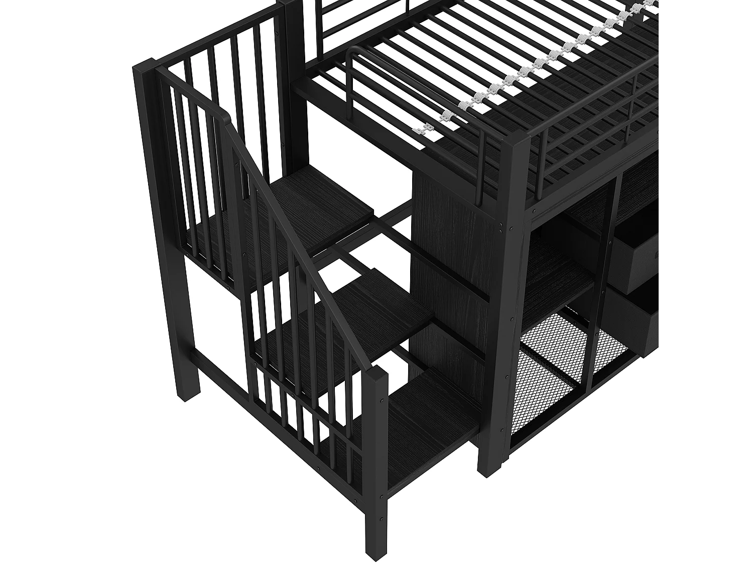 Hochbett 90x200 cm – Kinderbett mit 2 Schubladen und offenem Stauraum – schwarzes Metall – Matratze nicht enthalten