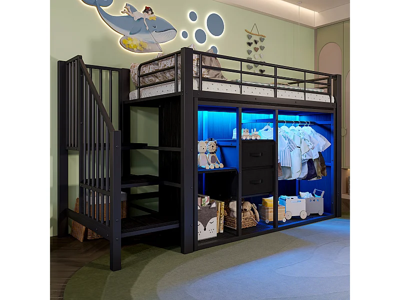 Lit mezzanine 90x200 cm - Lit enfant avec2 tiroirs et rangement ouvert - métal noir - sans matelas