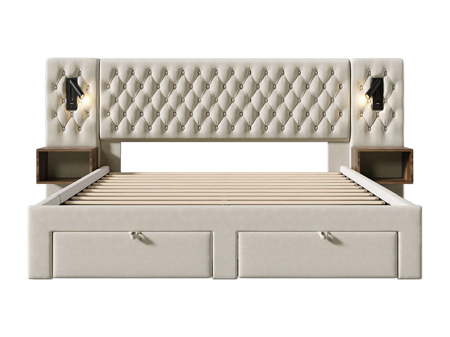 Erwachsenenbett 160 x 200 cm – mit LED- und USB-Beleuchtung, 4 Schubladen – beiger Samt – ohne Matratze