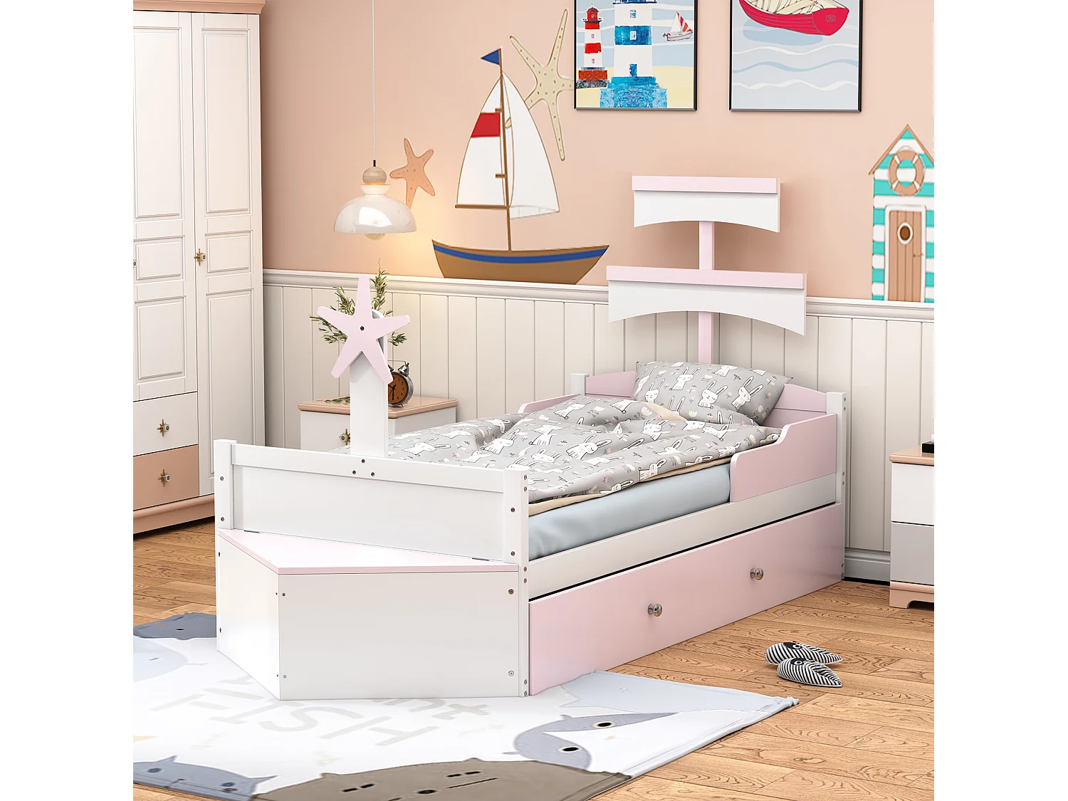 Lit enfant 90 x 200 cm - avec sommier à lattes - en pin - rose - sans matelas
