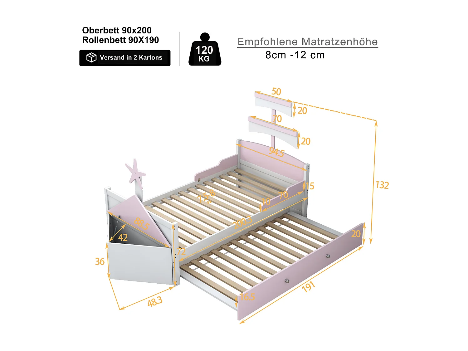 Lit enfant 90 x 200 cm - avec sommier à lattes - en pin - rose - sans matelas