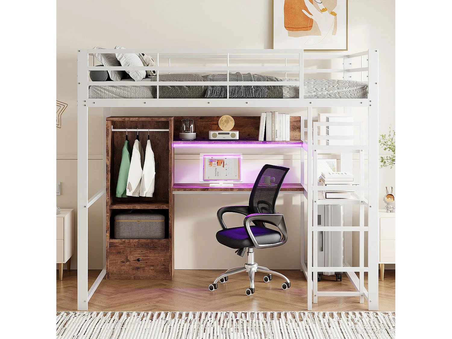 Hochbett 140 x 200 cm – mit Schublade, Regalen und offenem Stauraum – weiß – Matratze nicht enthalten