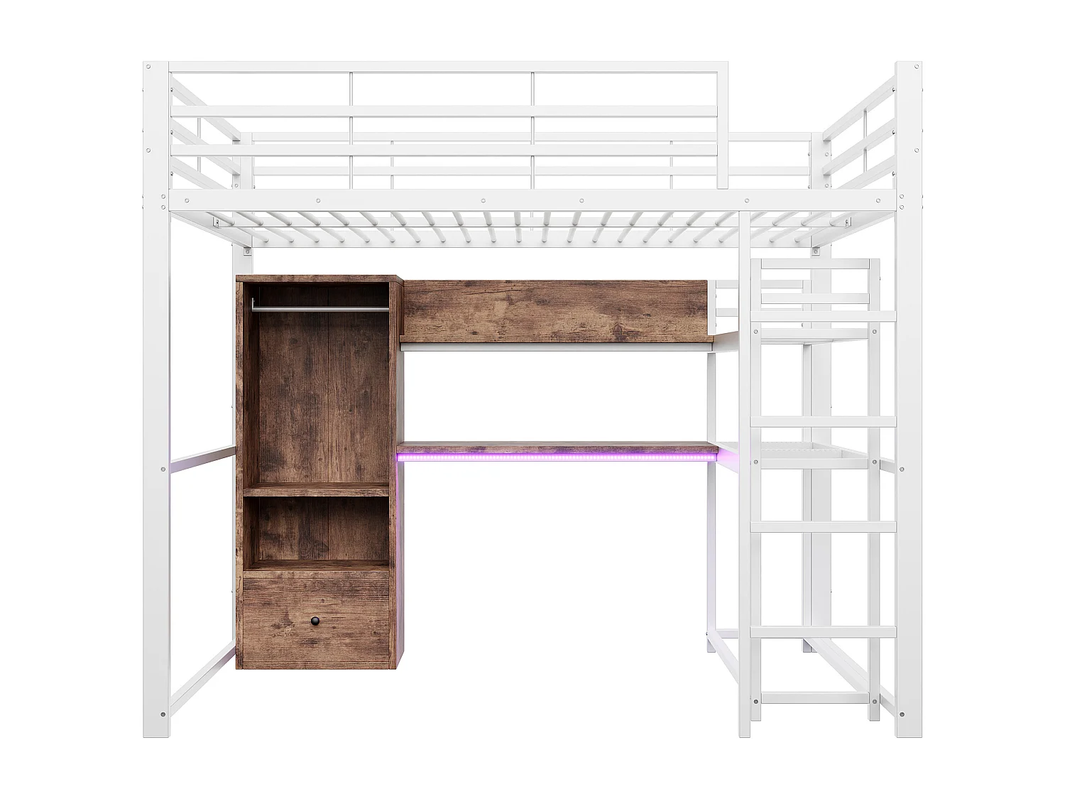 Hochbett 140 x 200 cm – mit Schublade, Regalen und offenem Stauraum – weiß – Matratze nicht enthalten