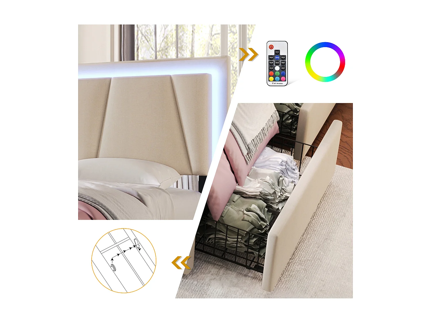 Volwassenenbed 160x200 cm - met verstelbaar hoofdbord, ledverlichting, 4 lades - linnen - beige - matras inbegrepen