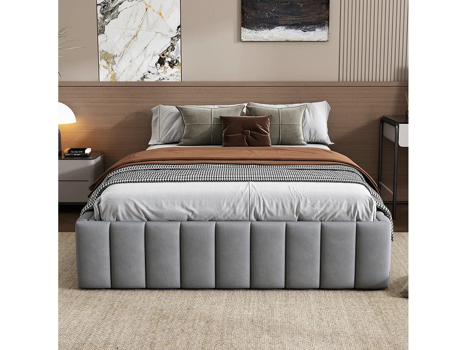 Lit adulte 140 x 200 cm - avec 4 tiroirs- velours gris - sans matelas