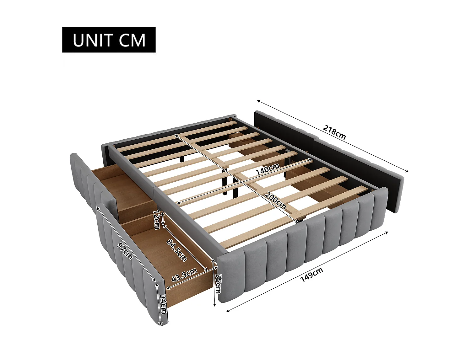 Lit adulte 140 x 200 cm - avec 4 tiroirs- velours gris - sans matelas