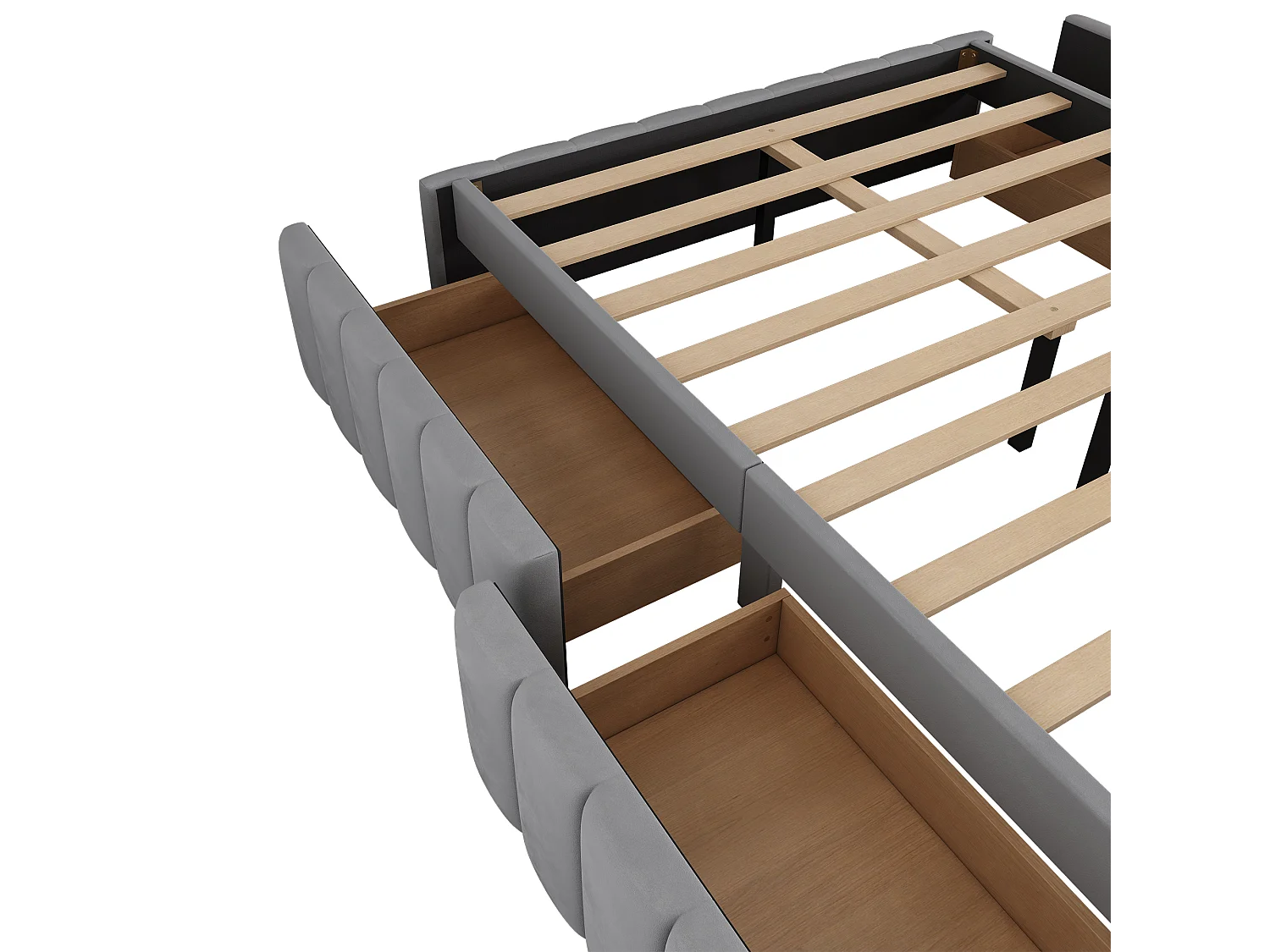 Lit adulte 140 x 200 cm - avec 4 tiroirs- velours gris - sans matelas