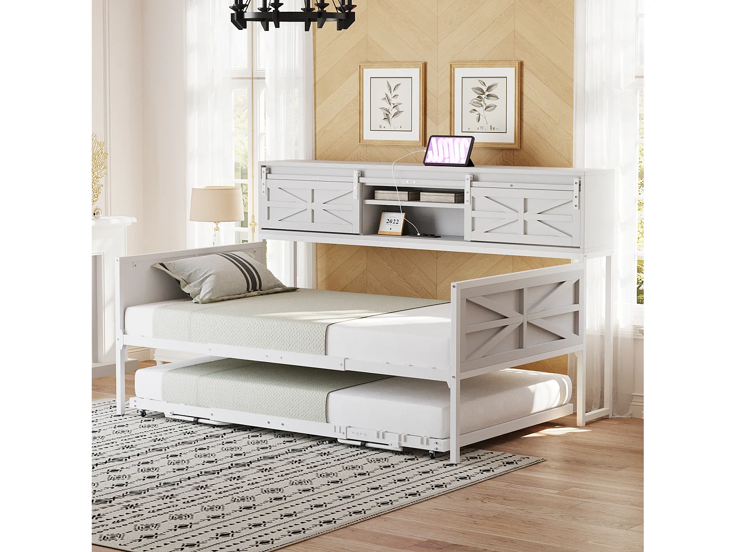 Lit enfant 90x200 cm / 90x190 cm - Lit gigogne avec prise multifonctionnelle et porte coulissante - blanc