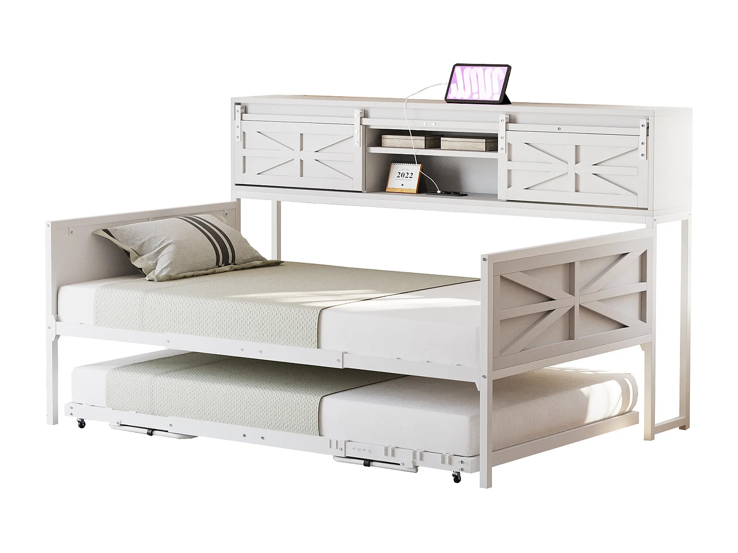 Lit enfant 90x200 cm / 90x190 cm - Lit gigogne avec prise multifonctionnelle et porte coulissante - blanc