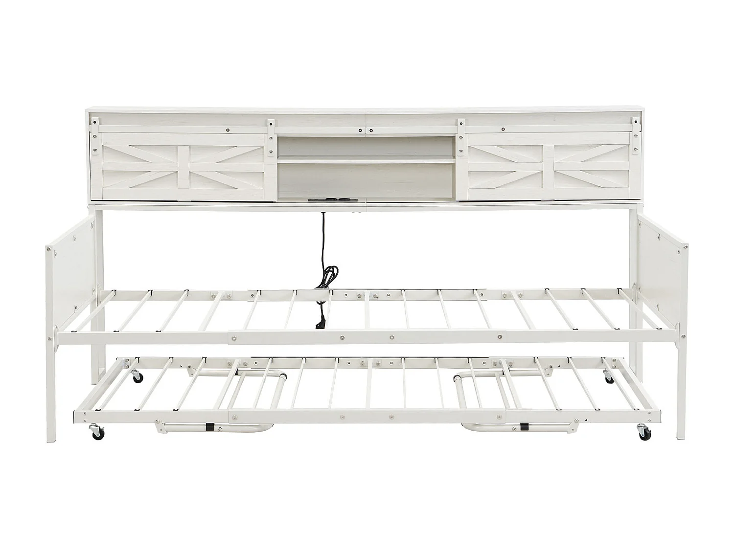 Lit enfant 90x200 cm / 90x190 cm - Lit gigogne avec prise multifonctionnelle et porte coulissante - blanc