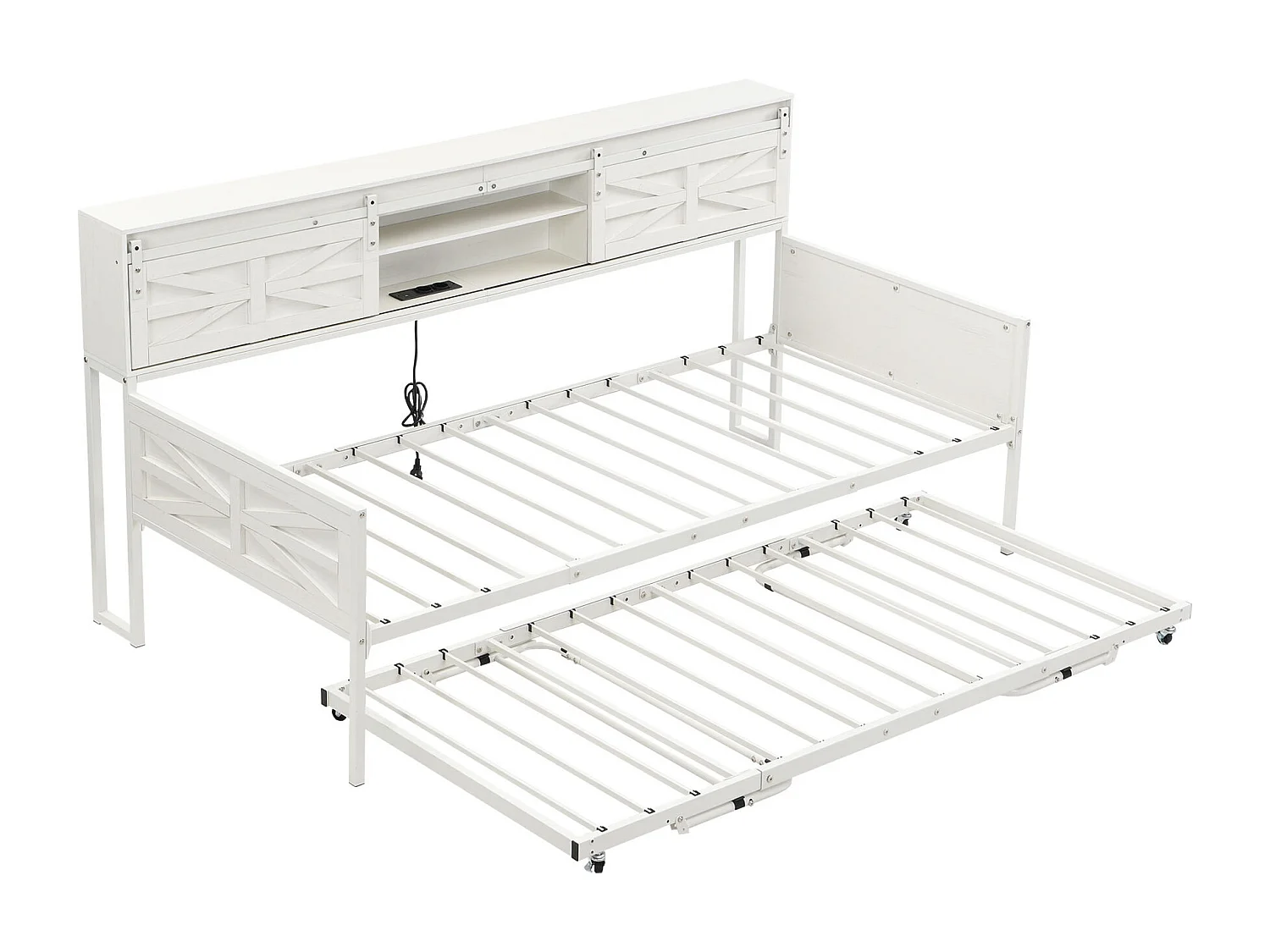 Lit enfant 90x200 cm / 90x190 cm - Lit gigogne avec prise multifonctionnelle et porte coulissante - blanc