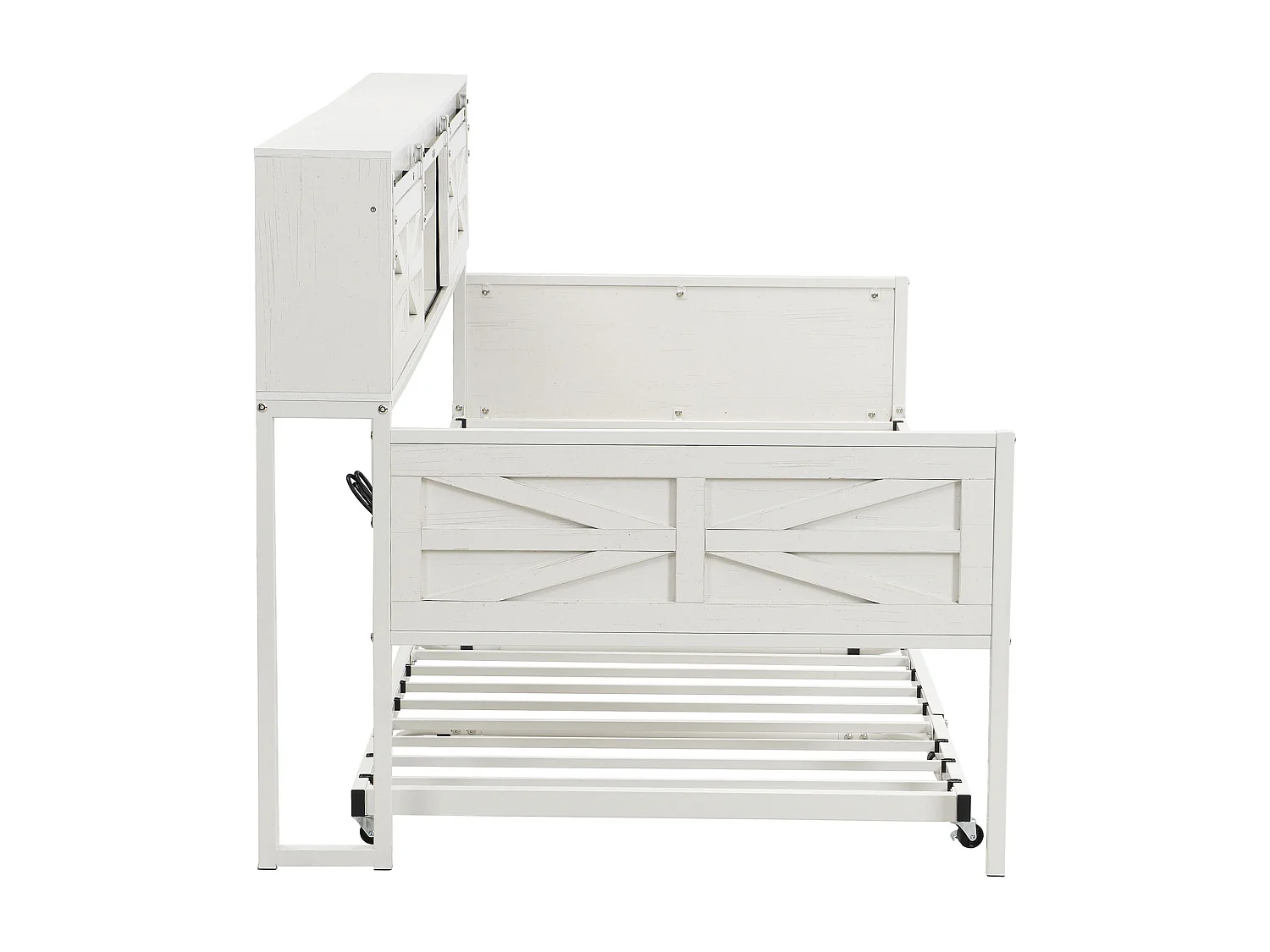 Lit enfant 90x200 cm / 90x190 cm - Lit gigogne avec prise multifonctionnelle et porte coulissante - blanc