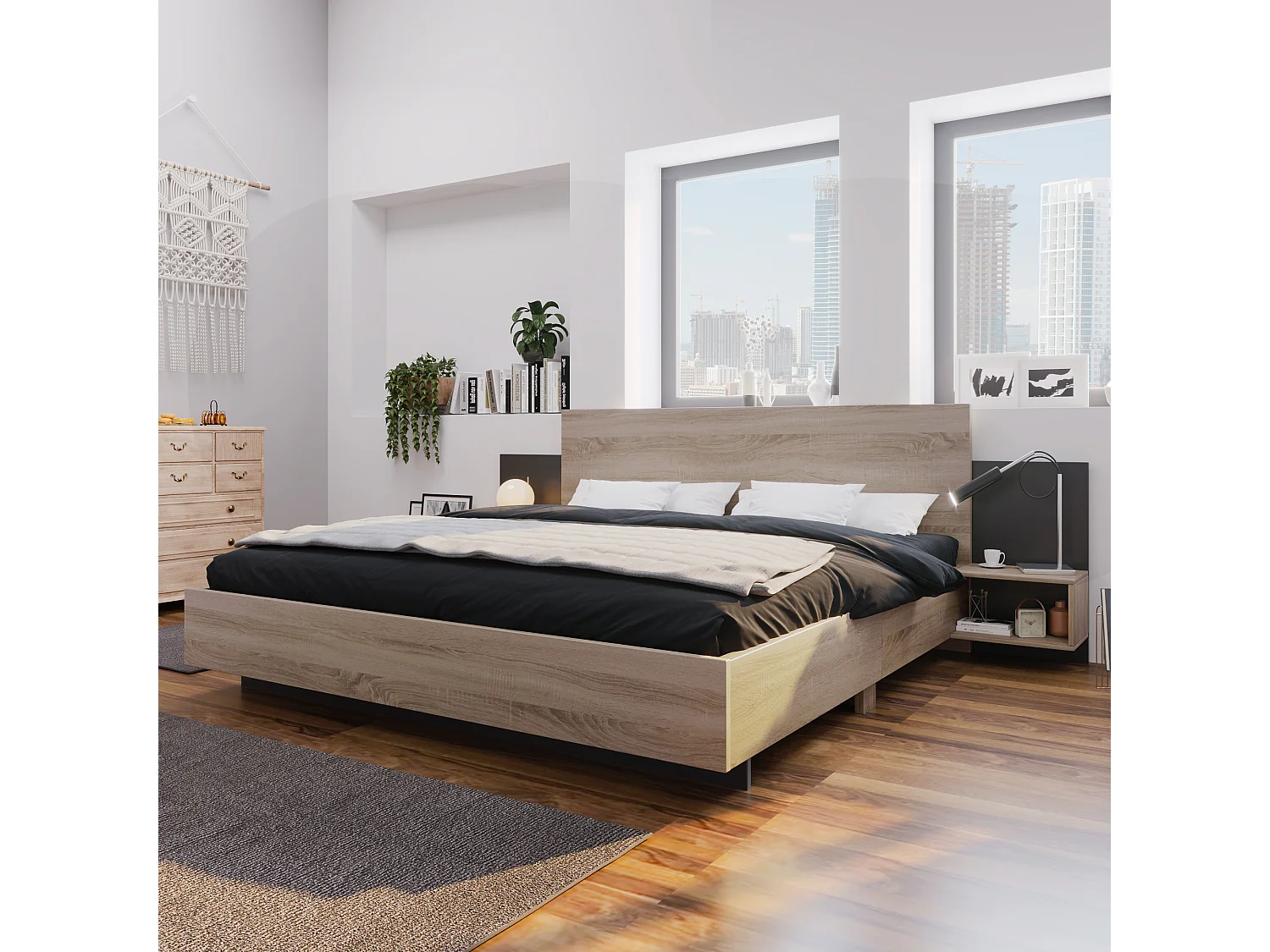 Łóżko dla dorosłych 160x200 cm - z 2 szafkami nocnymi i stelażem z listew - kolor dębowy - bez materaca