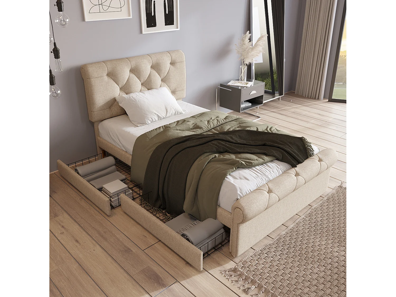 Lit enfant 90x200 cm - avec 2 tiroirs, sommier à lattes - lin naturel - matelas inclus