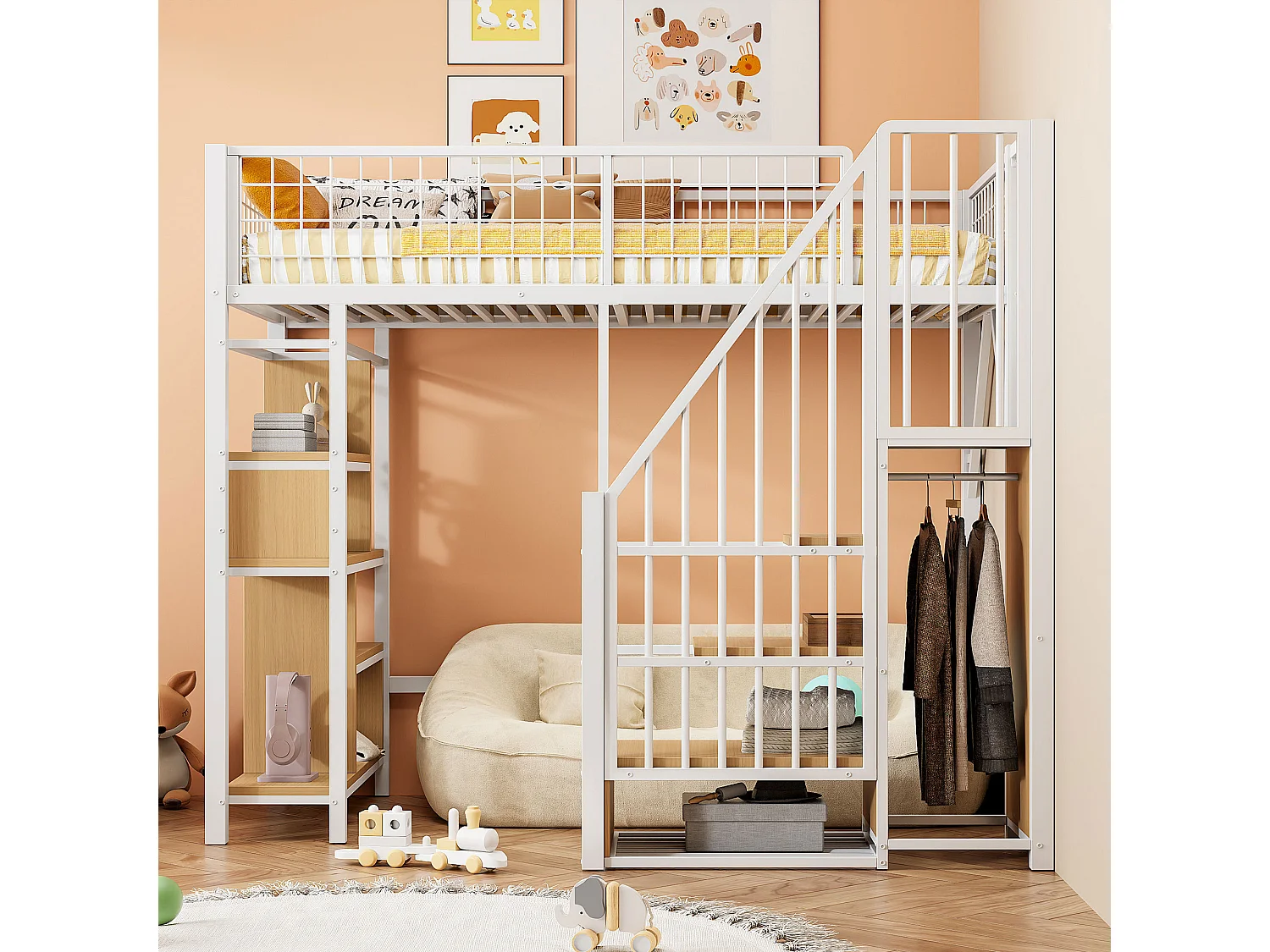 Hochbett 90 x 200 cm – Jugendbett mit Regalen und offenem Stauraum – weiß