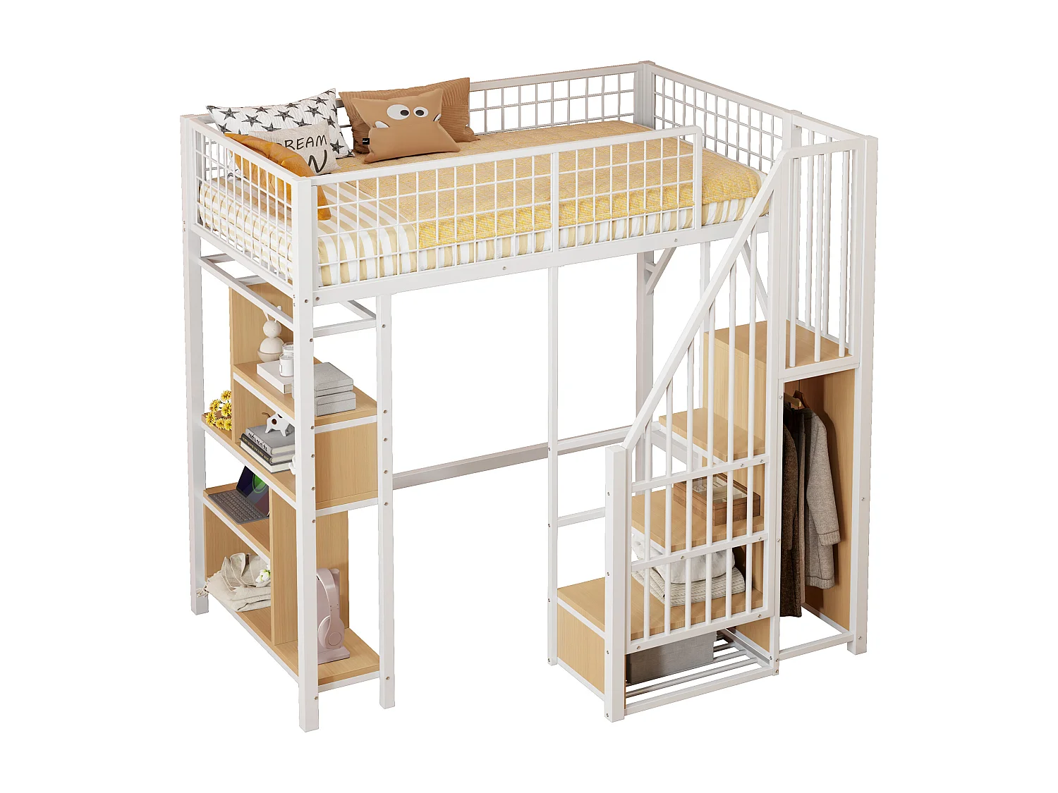 Hochbett 90 x 200 cm – Jugendbett mit Regalen und offenem Stauraum – weiß