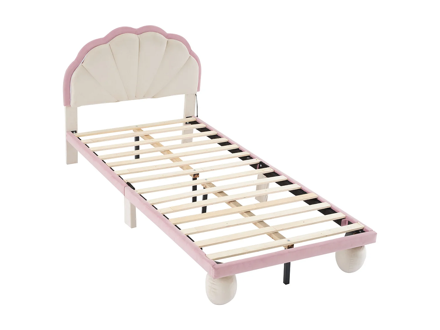 Lit enfant 90x200 cm - avec tête de lit, éclairage LED, sommier à lattes - en velours - beige et rose - sans matelas