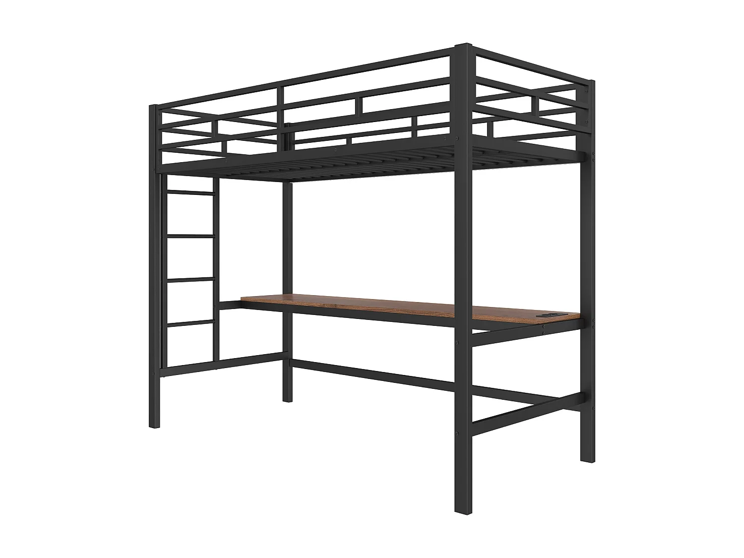 Letto a soppalco 90 x 200 cm - con illuminazione a LED, porte USB e Type-C - metallo - nero - materasso non incluso