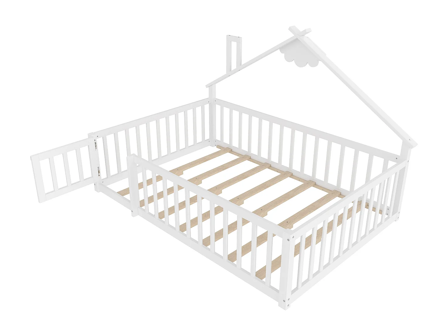 Kinderbed 140x190 cm - Tweepersoonsbed met veiligheidshekjes - wit grenen - zonder matras