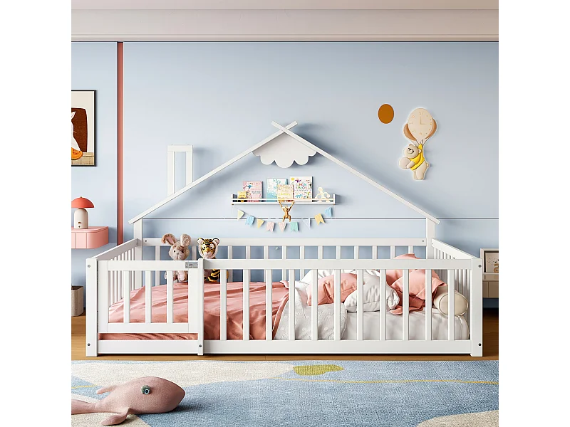 Lit enfant 140x190 cm - Lit double avec barrières de sécurité - pin blanc - sans matelas