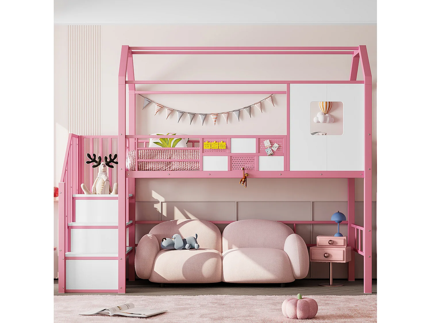 Lit mezzanine 90x200 cm - Lit enfant avec étagères de rangement - rose - sans matelas
