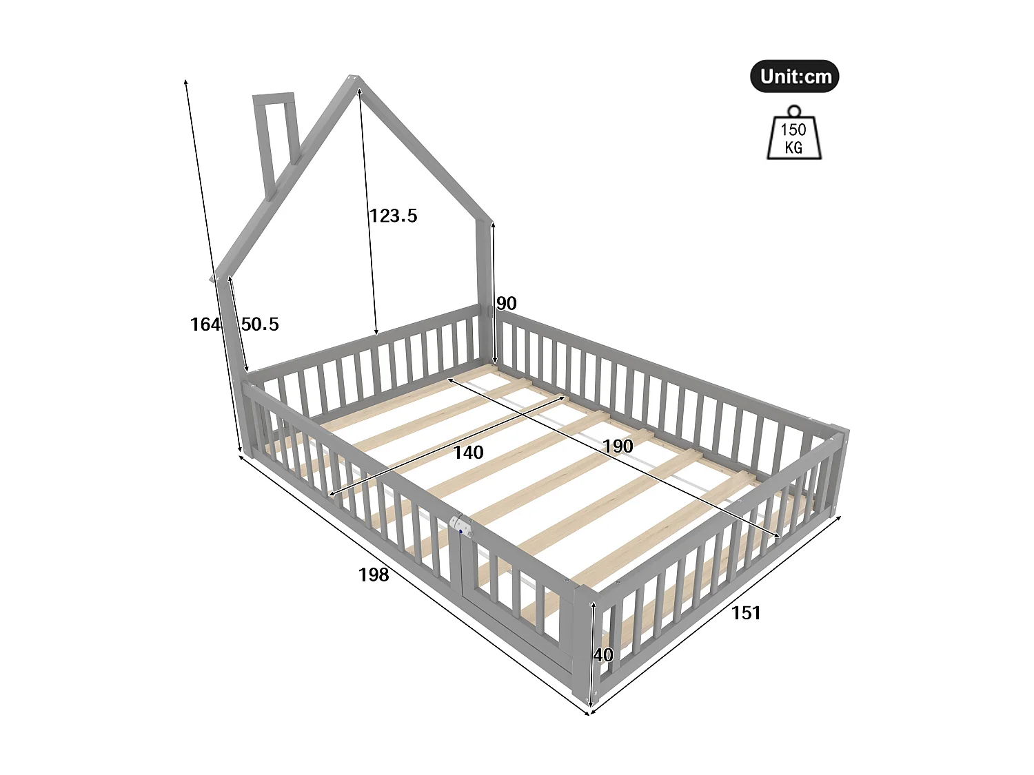 Lit cabane 140x190 cm - Lit enfant avec sommier à lattes en bois - gris - sans matelas