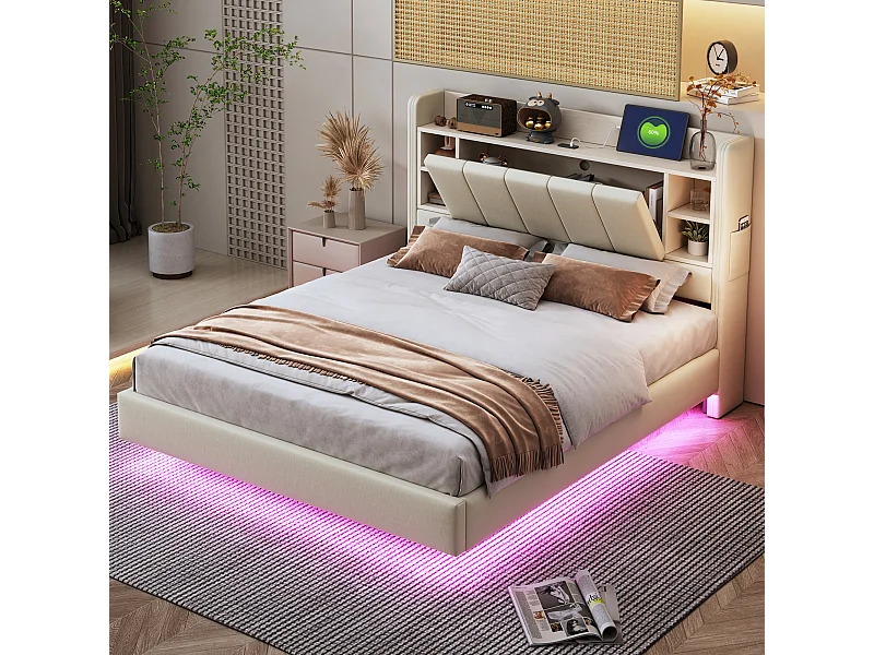 Volwassen bed 160 x 200 cm - Tweepersoonsbed met USB-aansluiting en geïntegreerde ledverlichting - Hoofdbord met opbergvakken - Beige linnen - Exclusief matras