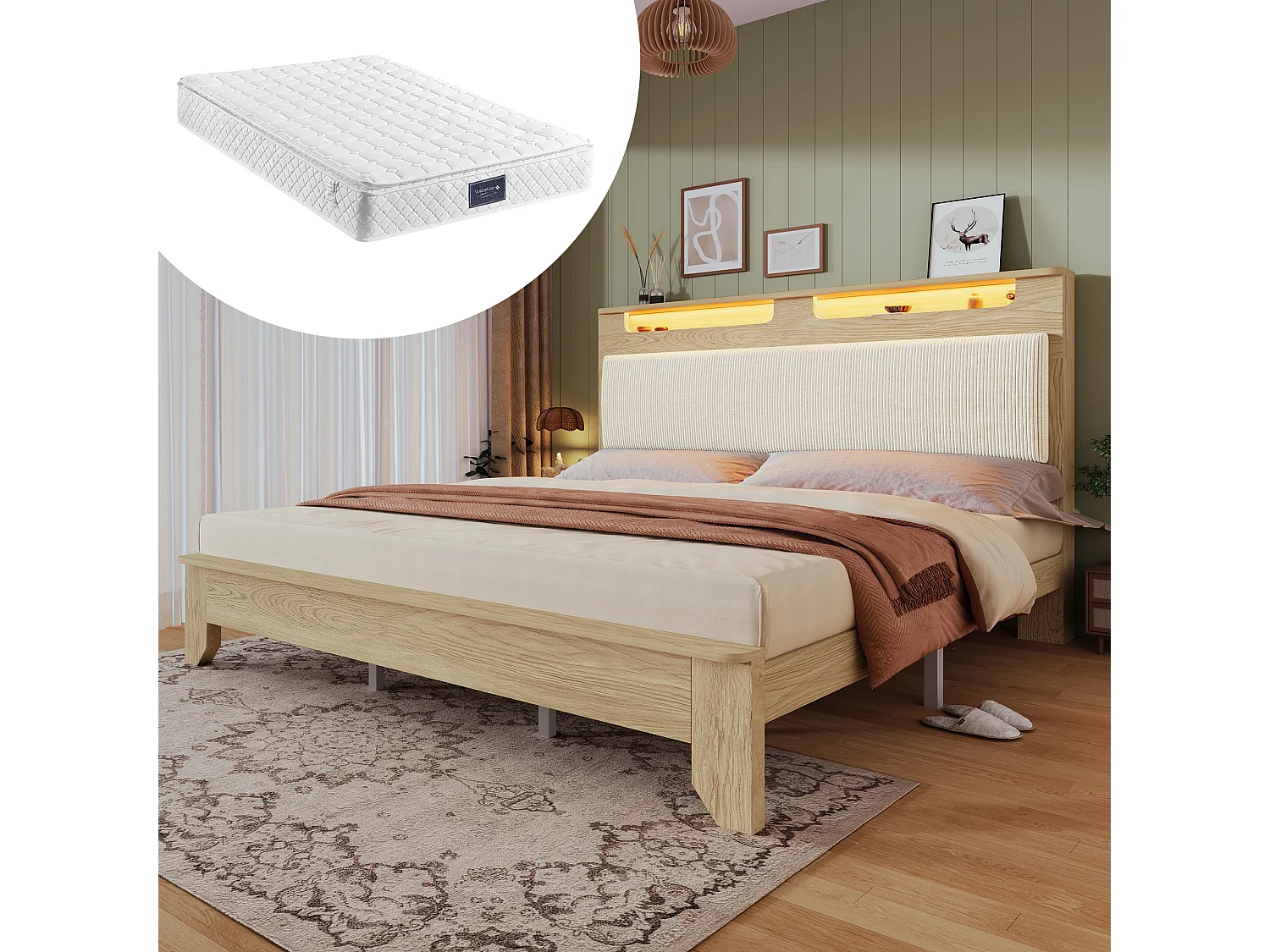 Bett für Erwachsene 140 x 200 cm – Doppelbett mit LED-Beleuchtung – natur – inklusive Matratze