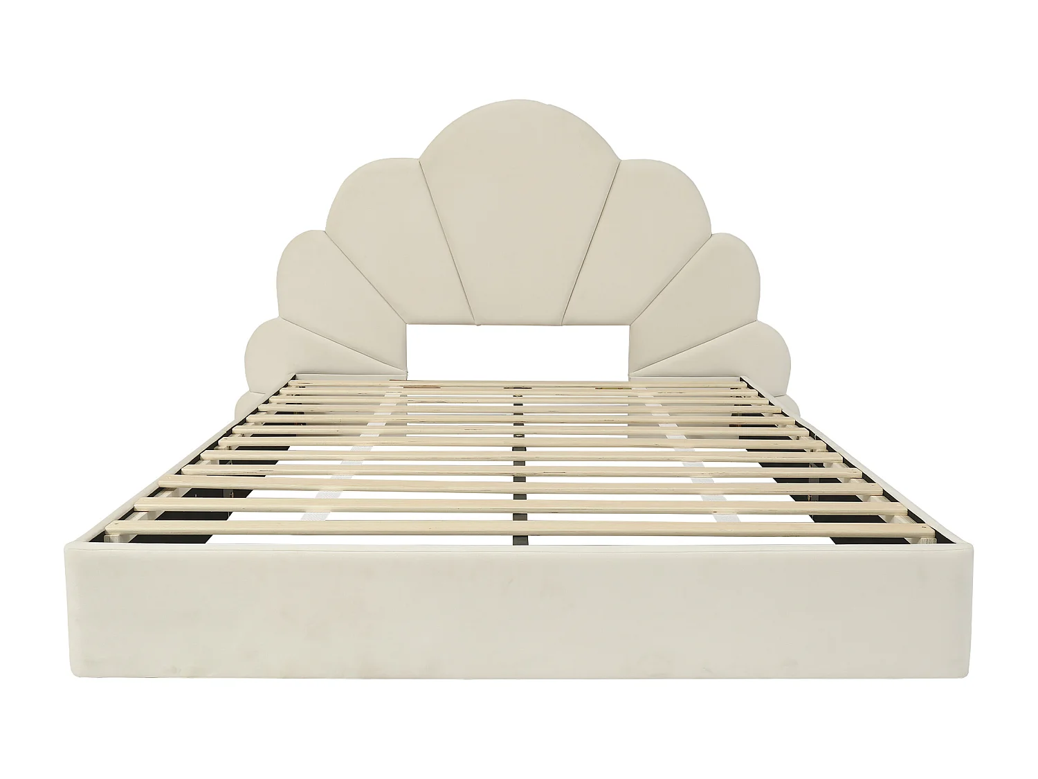 140x200 cm Kinderbed - T-bed met gebogen hoofdbord met bloemenmotief - beige fluweel - matras niet inbegrepen.