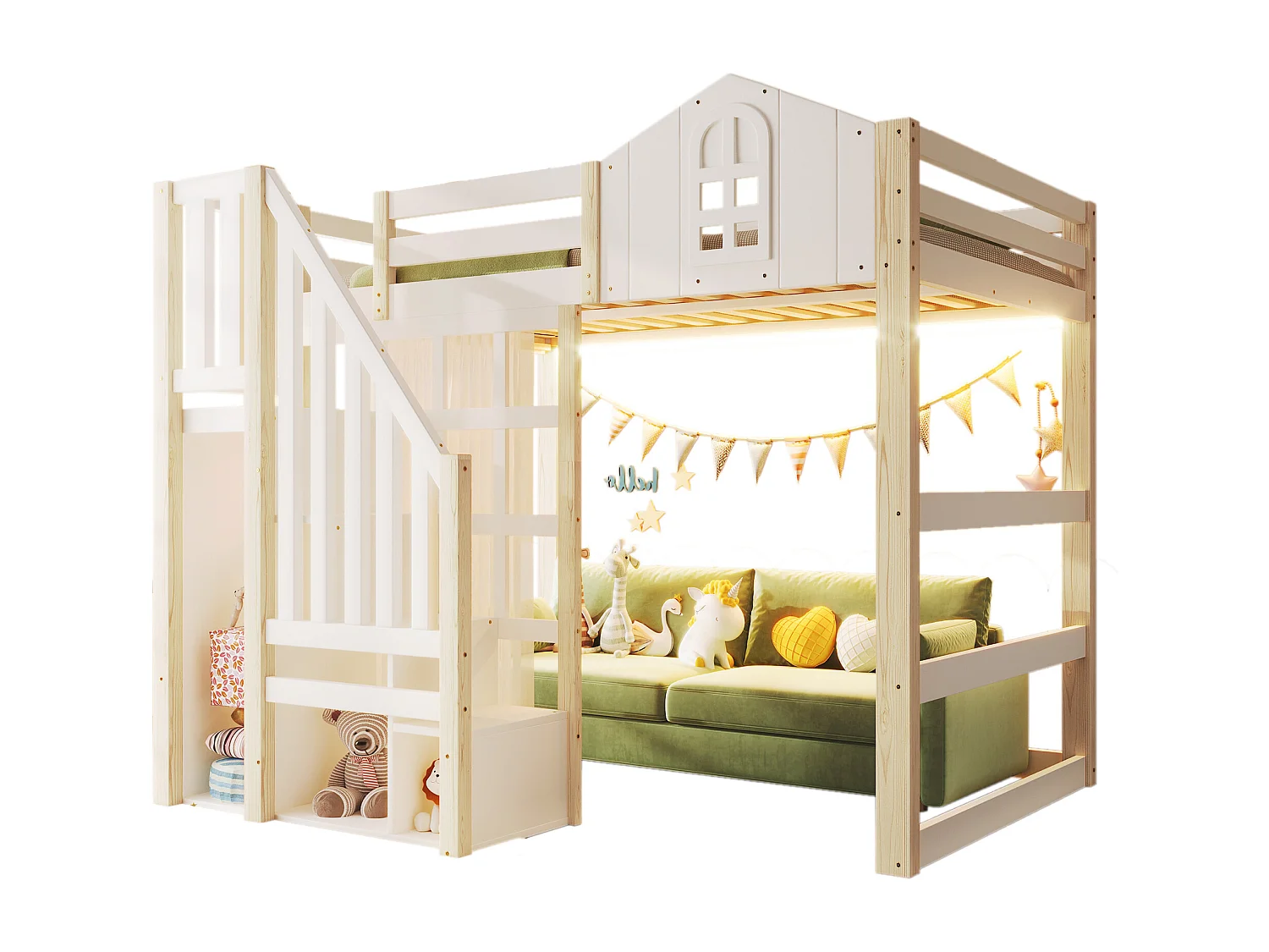 Lit mezzanine 140x200 cm - Lit ado avec LED, étagères de rangement et échelle - pin - blanc et naturel - sans matelas