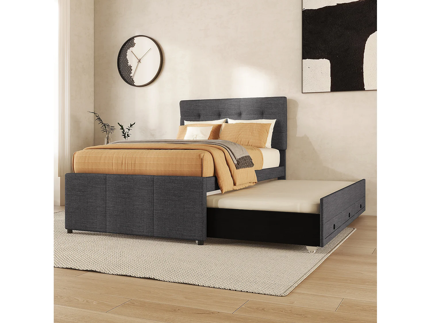 Ausziehbett 90x200 cm – Einzelbett mit 3 Schubladen – graues Leinen – ohne Matratze