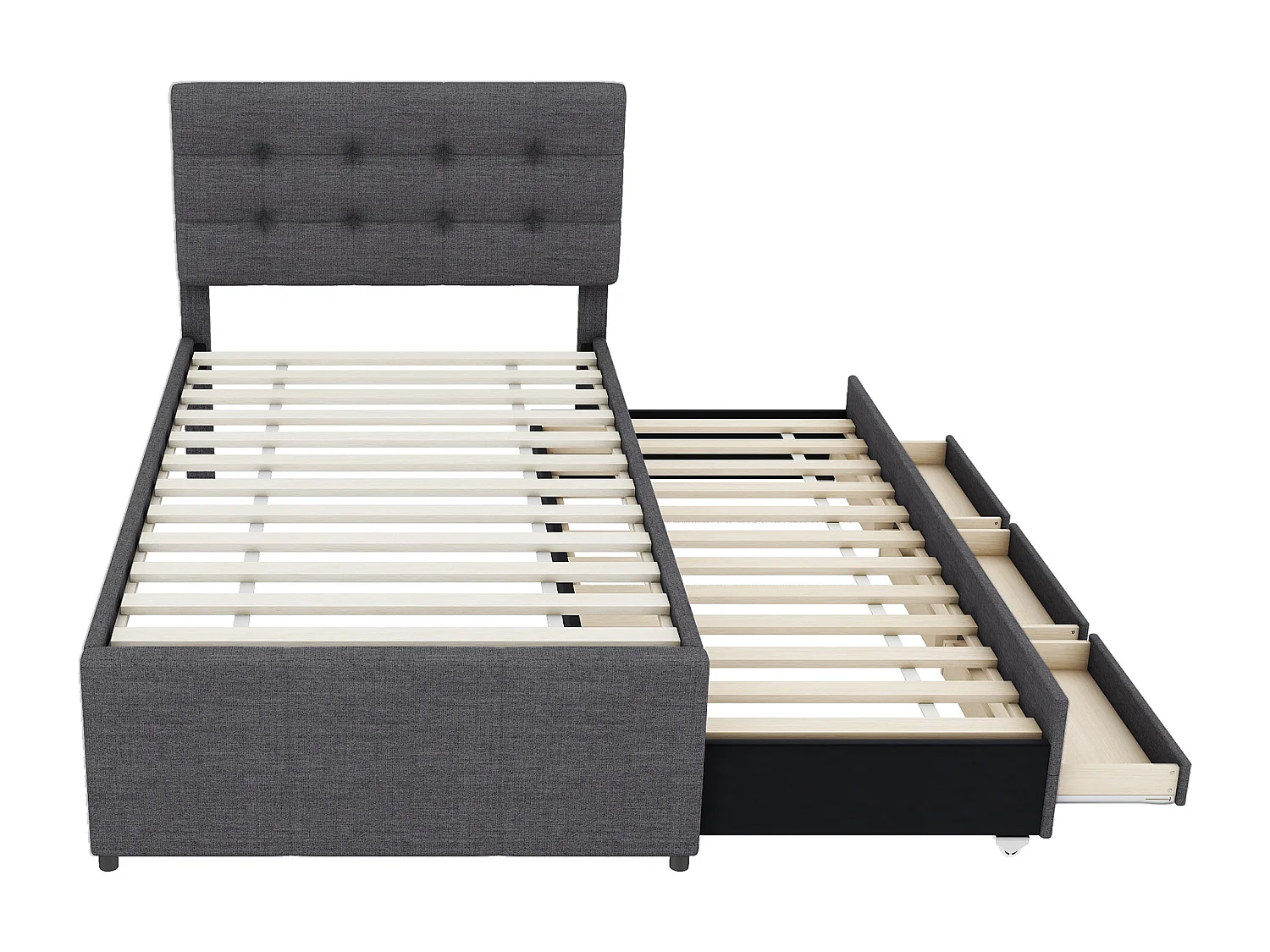 Ausziehbett 90x200 cm – Einzelbett mit 3 Schubladen – graues Leinen – ohne Matratze
