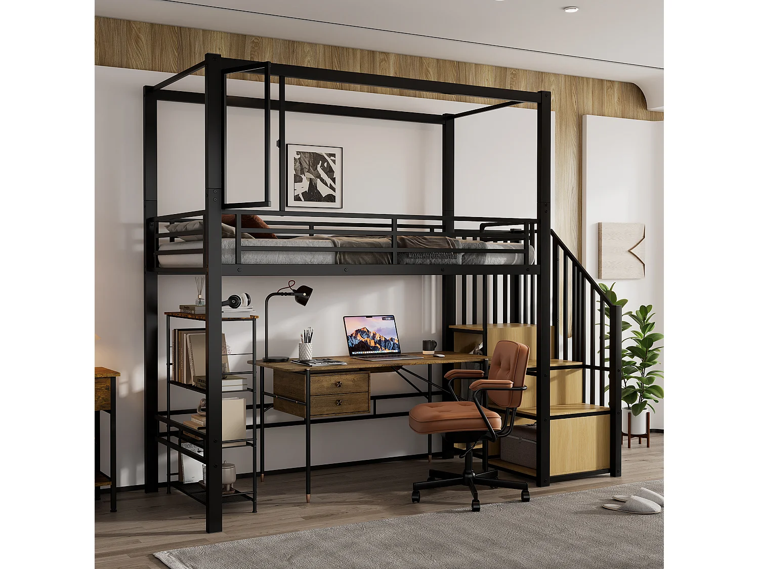 Hochbett 90x200 cm – mit Schreibtisch und Ablagefächern – schwarz und natur – ohne Matratze