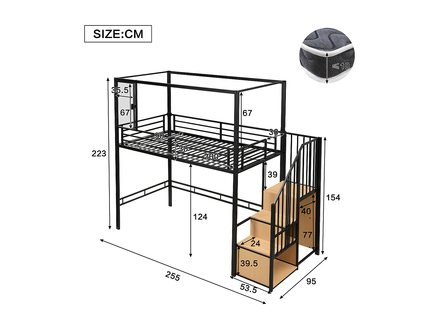 Hochbett 90x200 cm – mit Schreibtisch und Ablagefächern – schwarz und natur – ohne Matratze
