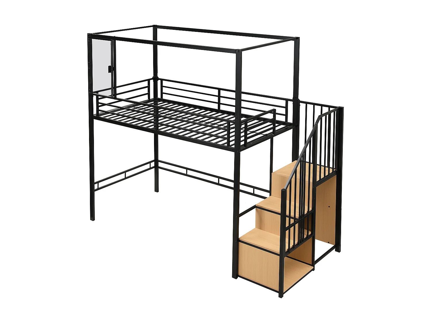 Hochbett 90x200 cm – mit Schreibtisch und Ablagefächern – schwarz und natur – ohne Matratze