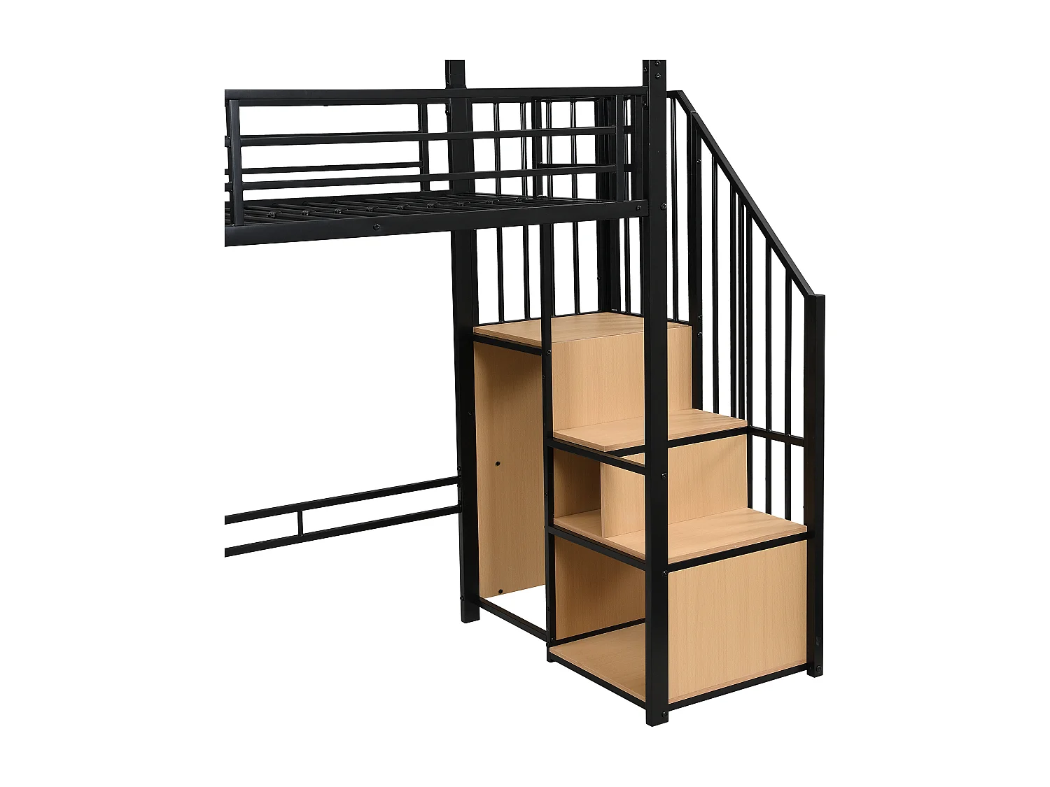 Hochbett 90x200 cm – mit Schreibtisch und Ablagefächern – schwarz und natur – ohne Matratze