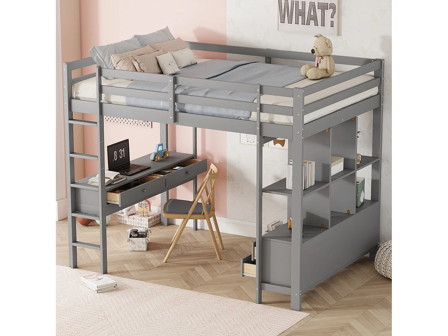 Lit mezzanine 140 x 200 cm - avec 6 tiroirs et étagères - en pin - gris - sans matelas