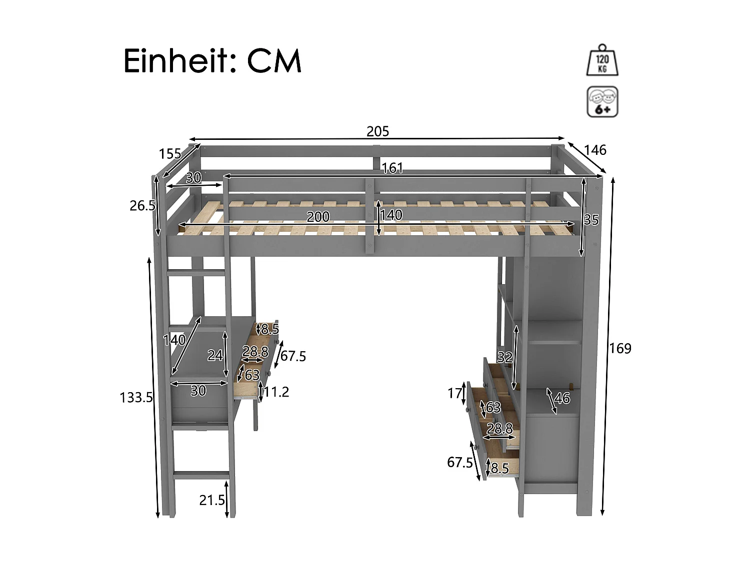 Lit mezzanine 140 x 200 cm - avec 6 tiroirs et étagères - en pin - gris - sans matelas