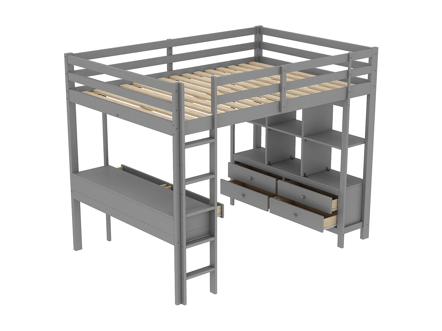 Lit mezzanine 140 x 200 cm - avec 6 tiroirs et étagères - en pin - gris - sans matelas