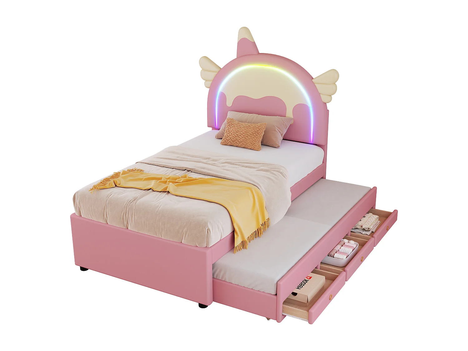 Lit enfant 90x200 cm - avec tête de lit, tiroirs, sommier à lattes - rose - sans matelas