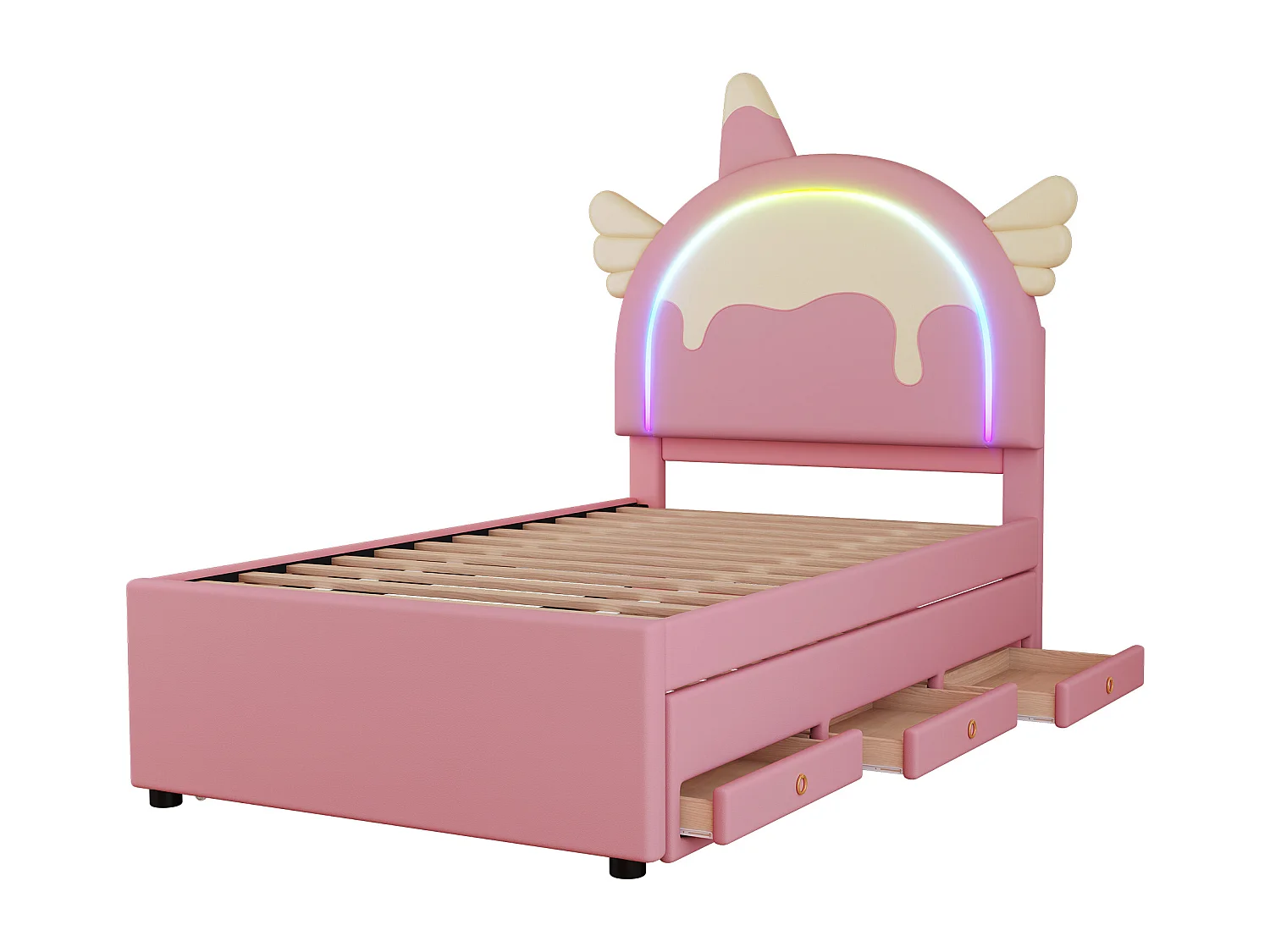 Lit enfant 90x200 cm - avec tête de lit, tiroirs, sommier à lattes - rose - sans matelas