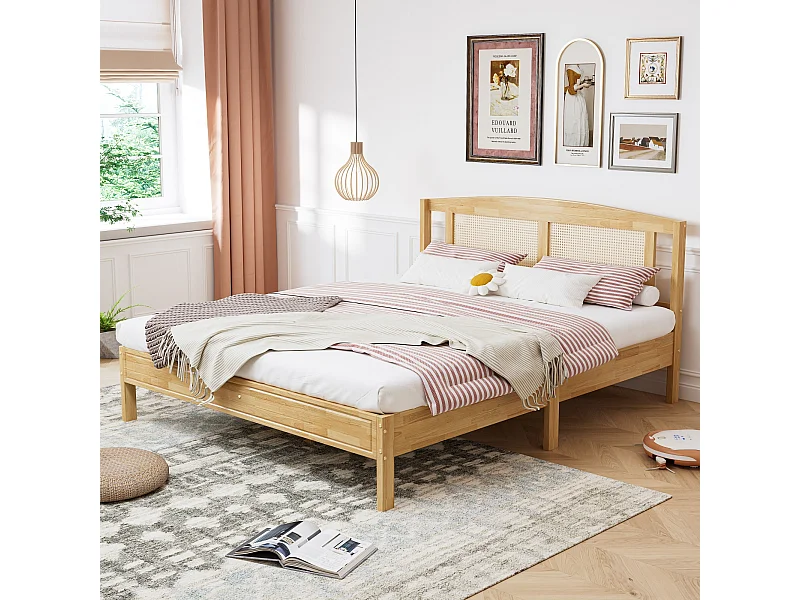 Lit adulte 160x200 cm - avec sommier à lattes - en pin - naturel - sans matelas