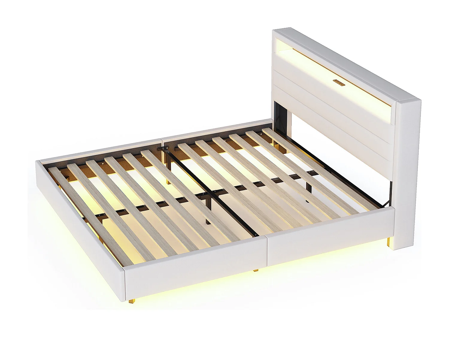 Bett für Erwachsene 140 x 200 cm – mit Kopfteil mit Stauraum, USB-Anschluss und LED-Beleuchtung – Bettwäsche – beige – Matratze nicht enthalten