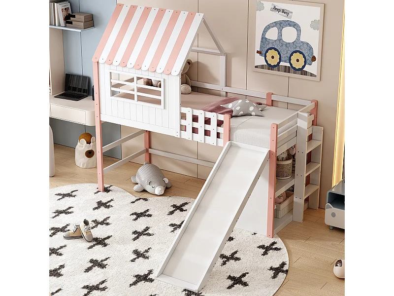 Lit mezzanine 90x200 cm - Lit enfant avec toboggan et échelle, étagères de rangement - rose - sans matelas