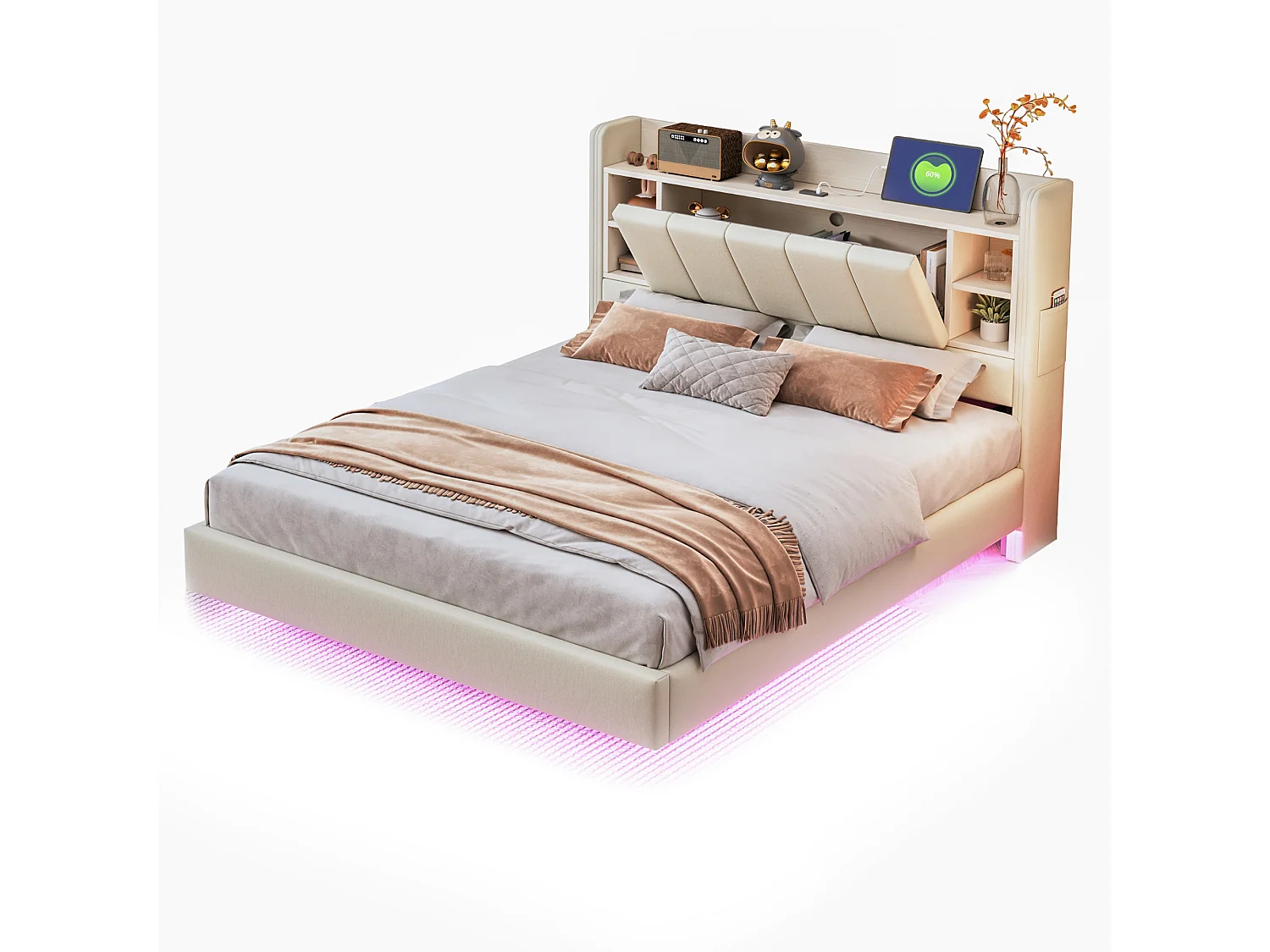 Lit adulte 140 x 200 cm - Lit double avec port USB et éclairage LED intégré - tête de lit avec compartiments de rangement - lin beige - matelas non inclus