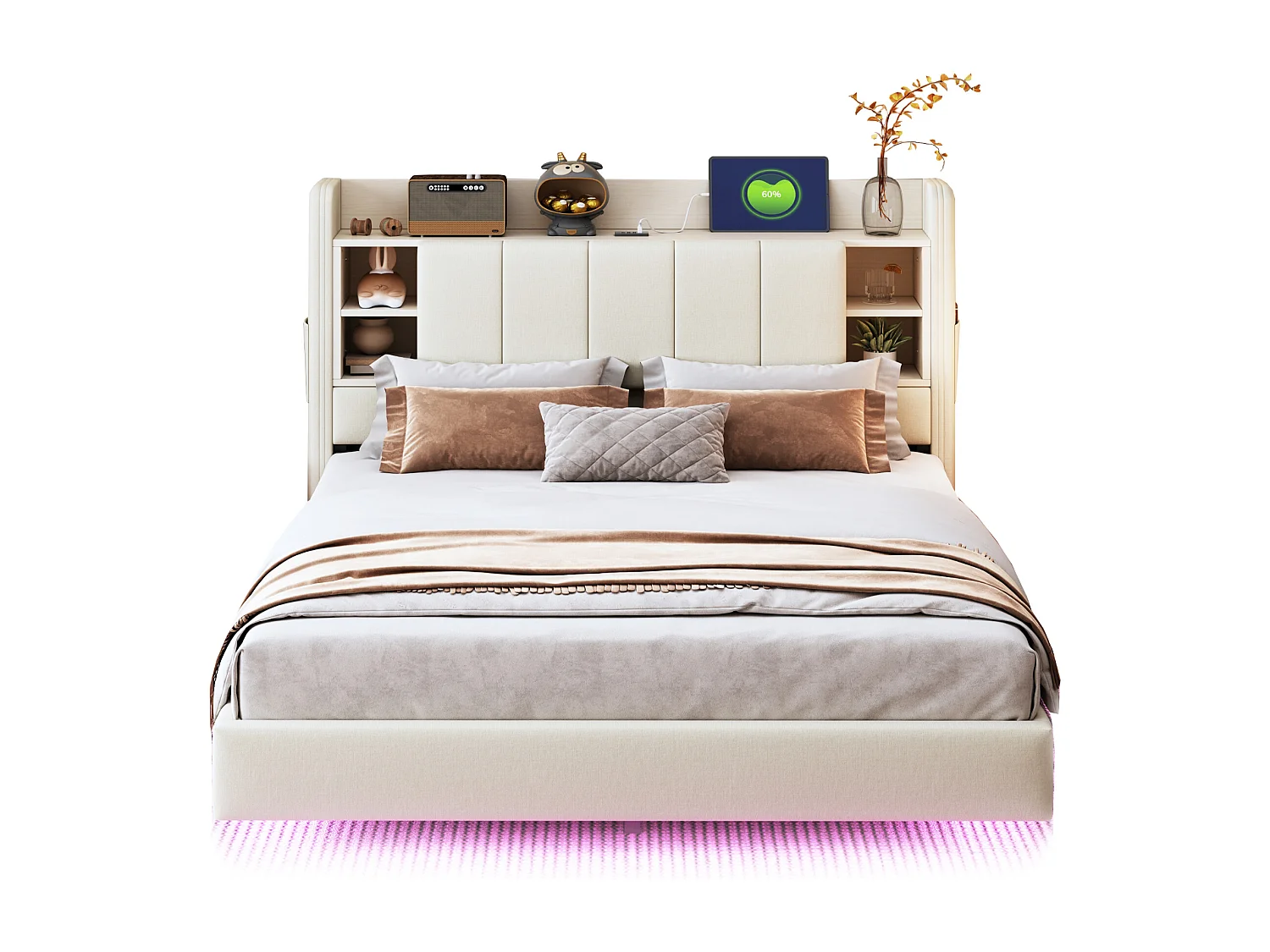 Lit adulte 140 x 200 cm - Lit double avec port USB et éclairage LED intégré - tête de lit avec compartiments de rangement - lin beige - matelas non inclus